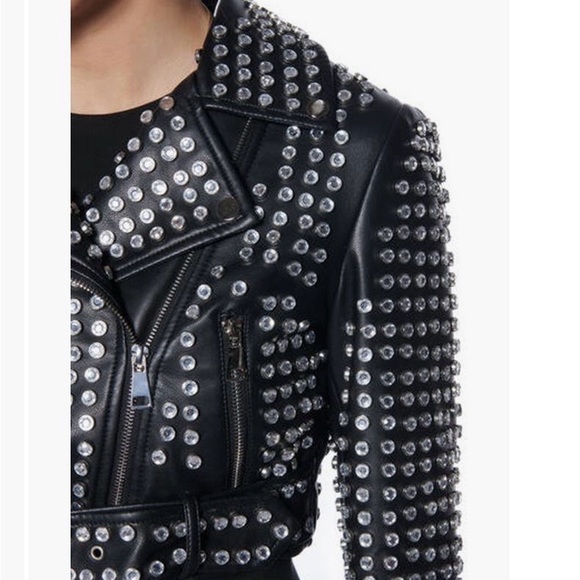Black Studded Leather Cropped Moto Jacket - Picture 4 of 4